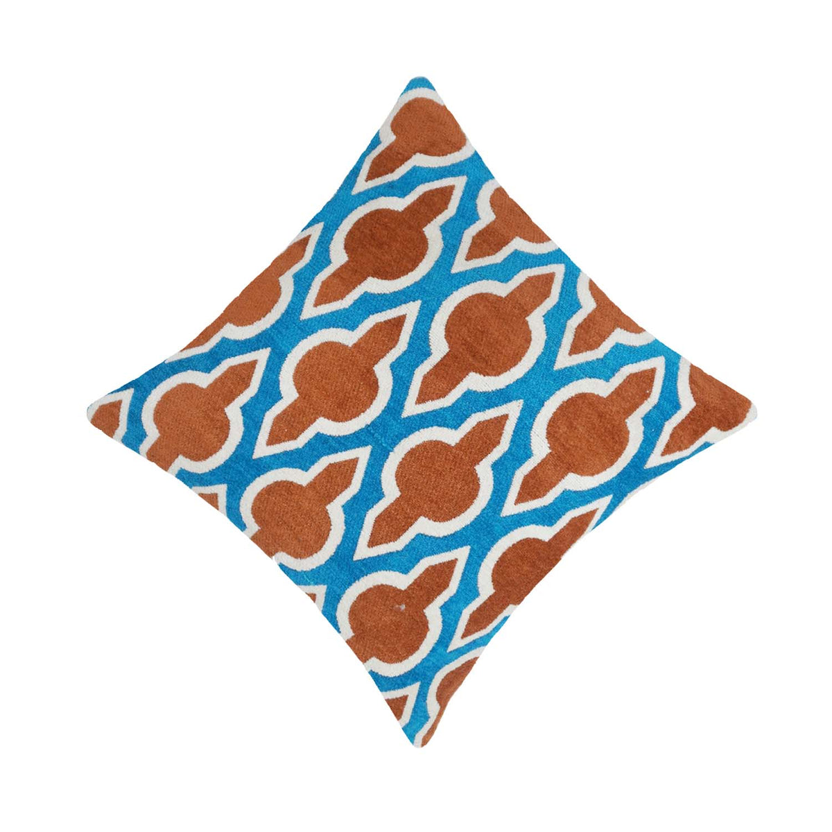 Geometric Jacquard Cushion Cover 45x45 cm | Blue & Rust Decorative Throw Pillow Cover | Premium Woven Cotton Blend Cushion Case with Hidden Zipper - Bulk manufacturer & supplier from Panipat, India