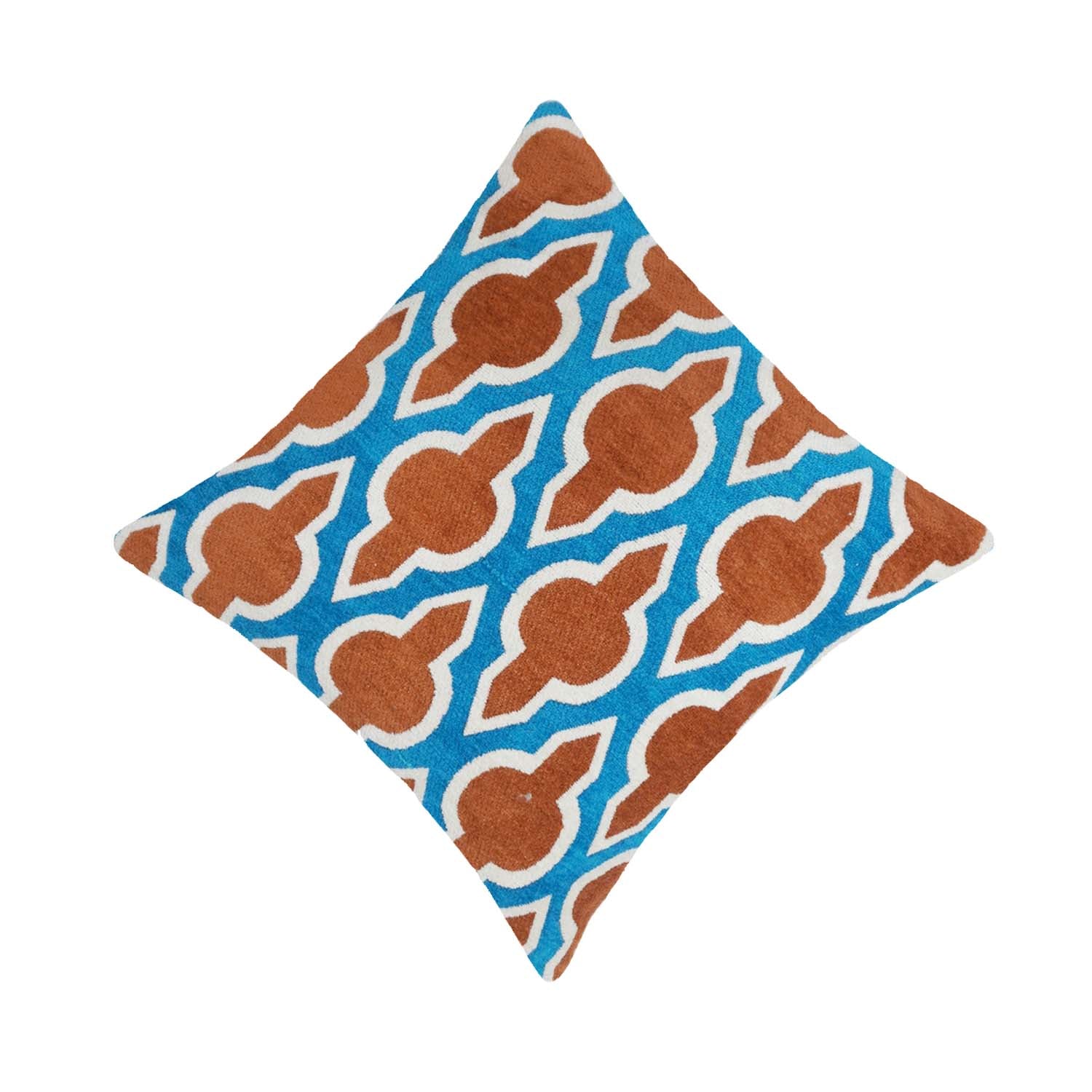 Geometric Jacquard Cushion Cover 45x45 cm | Blue & Rust Decorative Throw Pillow Cover | Premium Woven Cotton Blend Cushion Case with Hidden Zipper