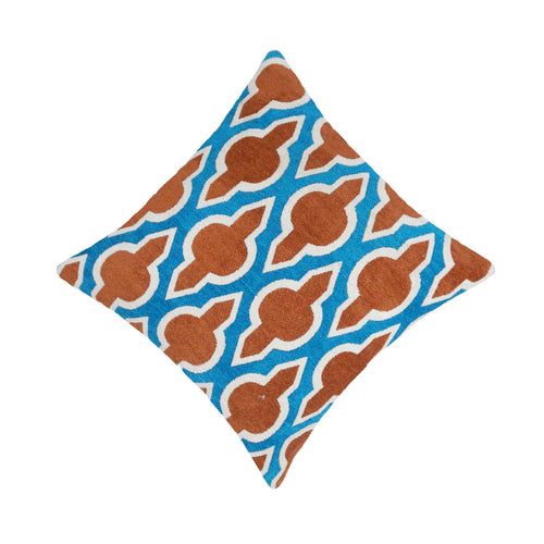 Geometric Jacquard Cushion Cover 45x45 cm | Blue & Rust Decorative Throw Pillow Cover | Premium Woven Cotton Blend Cushion Case with Hidden Zipper