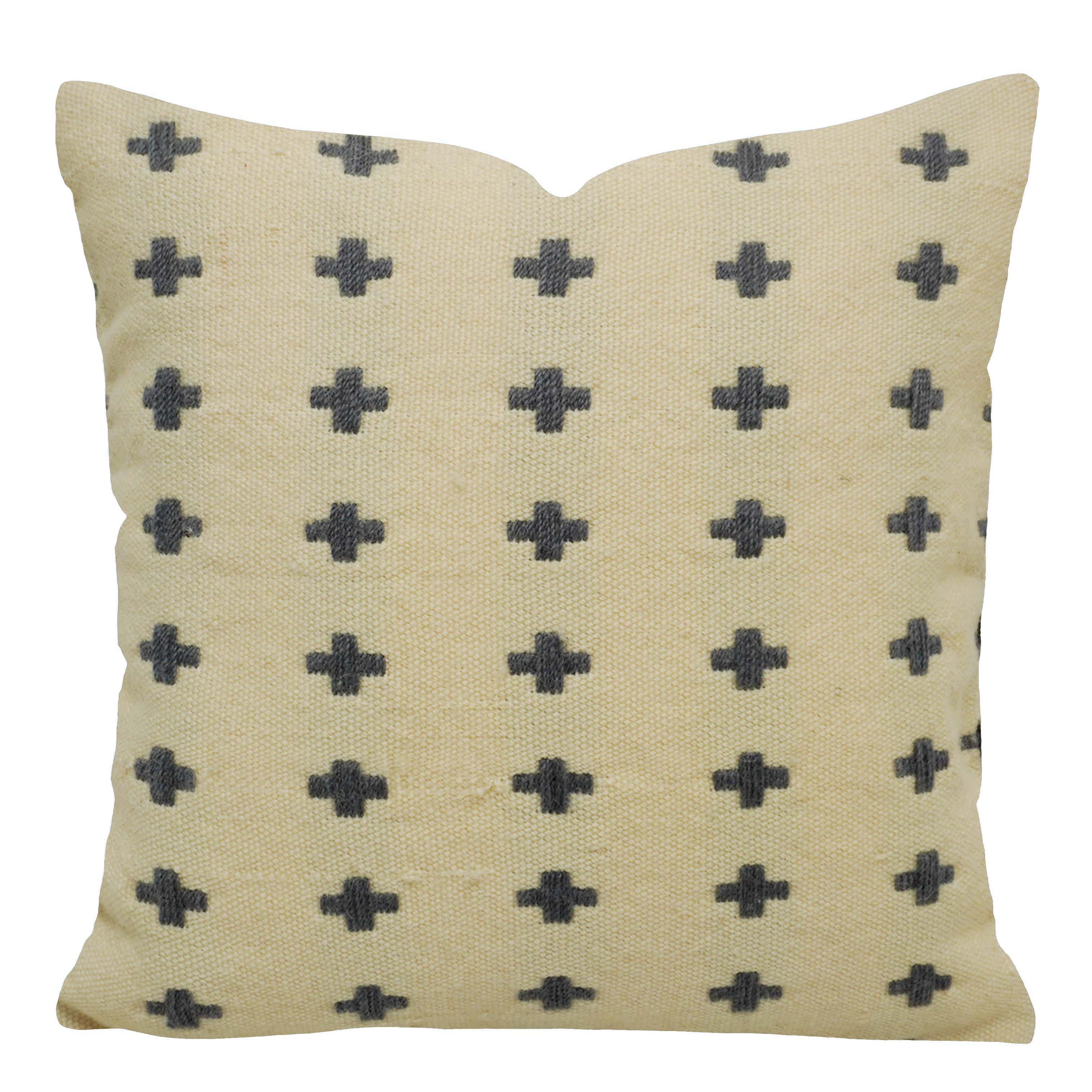 Handwoven Cotton Cushion Cover 45x45 cm – Beige & Black Plus Pattern | Textured Boho Accent Pillow Cover