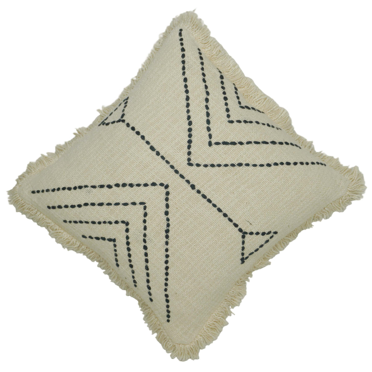 Hand Embroidered Cotton Cushion Cover with Geometric Arrow Pattern & Fringe Border | 45 x 45 cm | Boho Decorative Throw Pillow Cover | Concealed Zipper