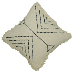 Hand Embroidered Cotton Cushion Cover with Geometric Arrow Pattern & Fringe Border | 45 x 45 cm | Boho Decorative Throw Pillow Cover | Concealed Zipper