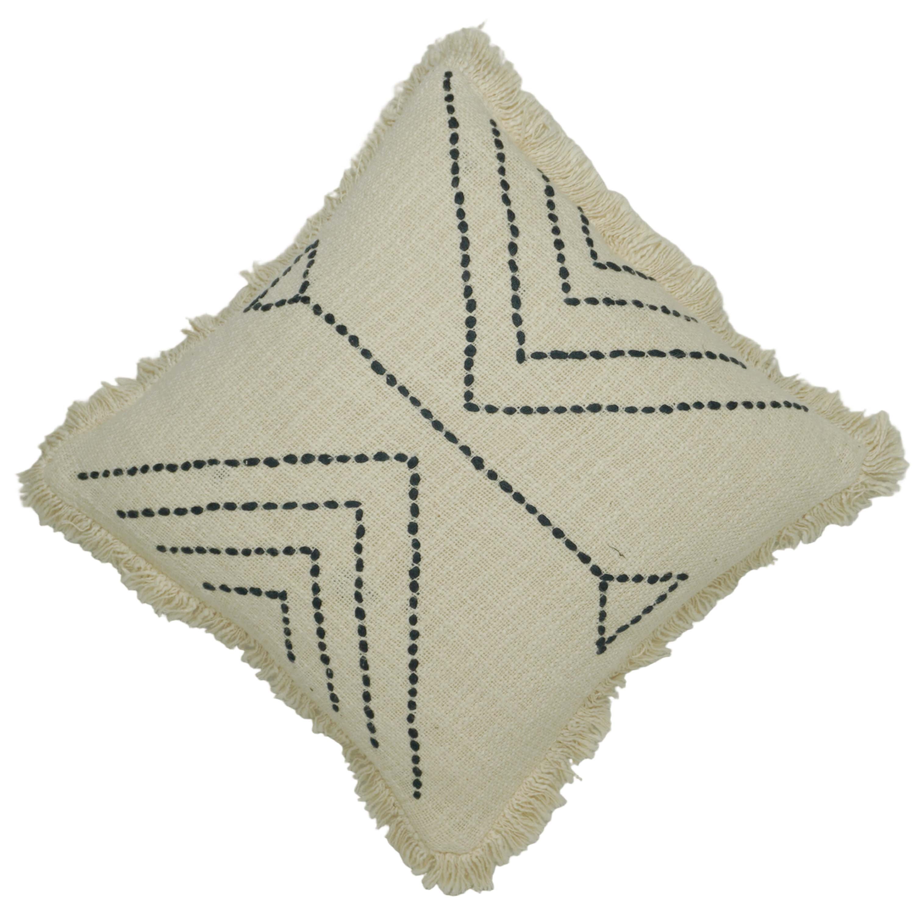 Hand Embroidered Cotton Cushion Cover with Geometric Arrow Pattern & Fringe Border | 45 x 45 cm | Boho Decorative Throw Pillow Cover | Concealed Zipper