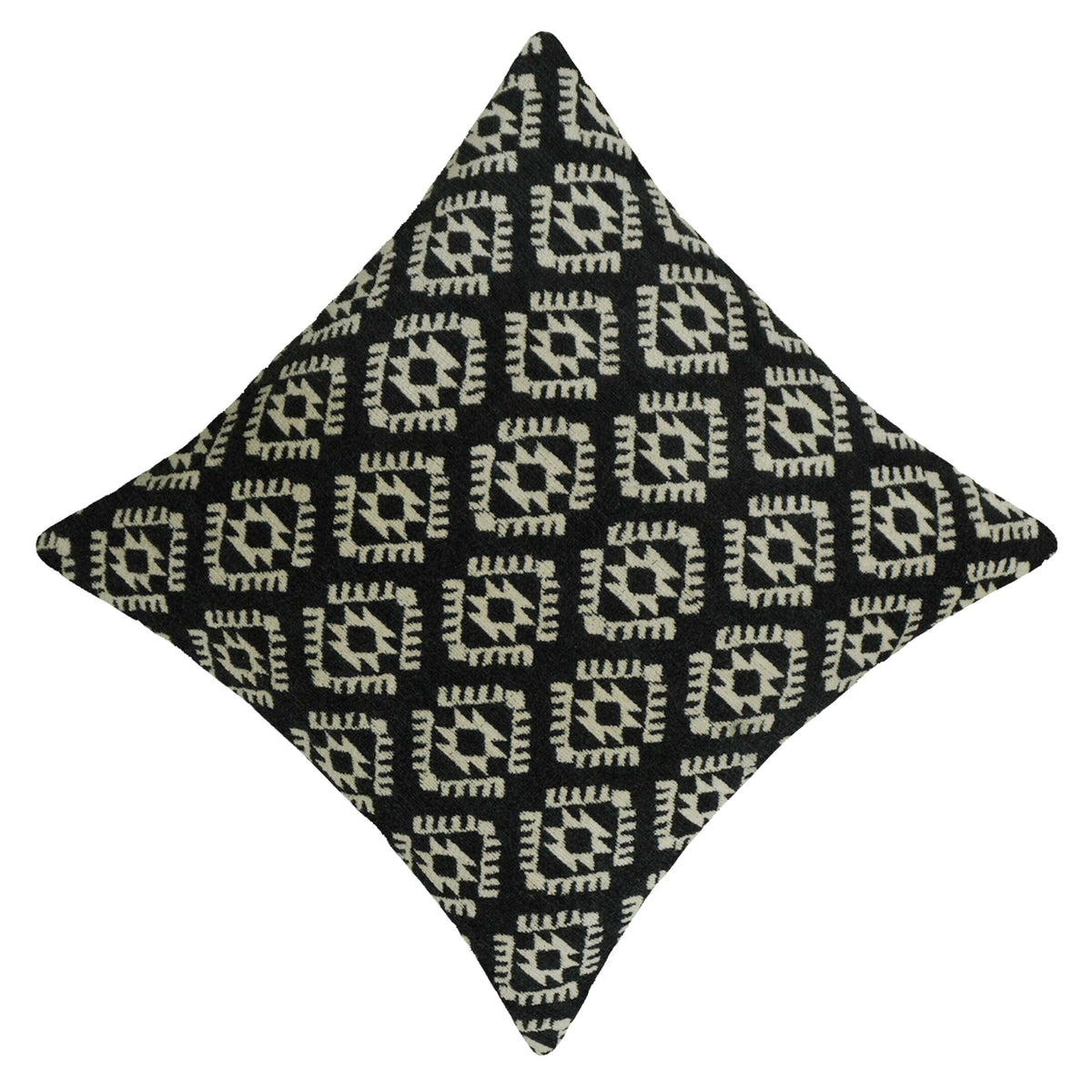Black & Ivory Geometric Jacquard Cushion Cover 45x45 cm | Woven Cotton Decorative Throw Pillow Cover | Modern Boho Sofa Cushion Cover with Hidden Zip