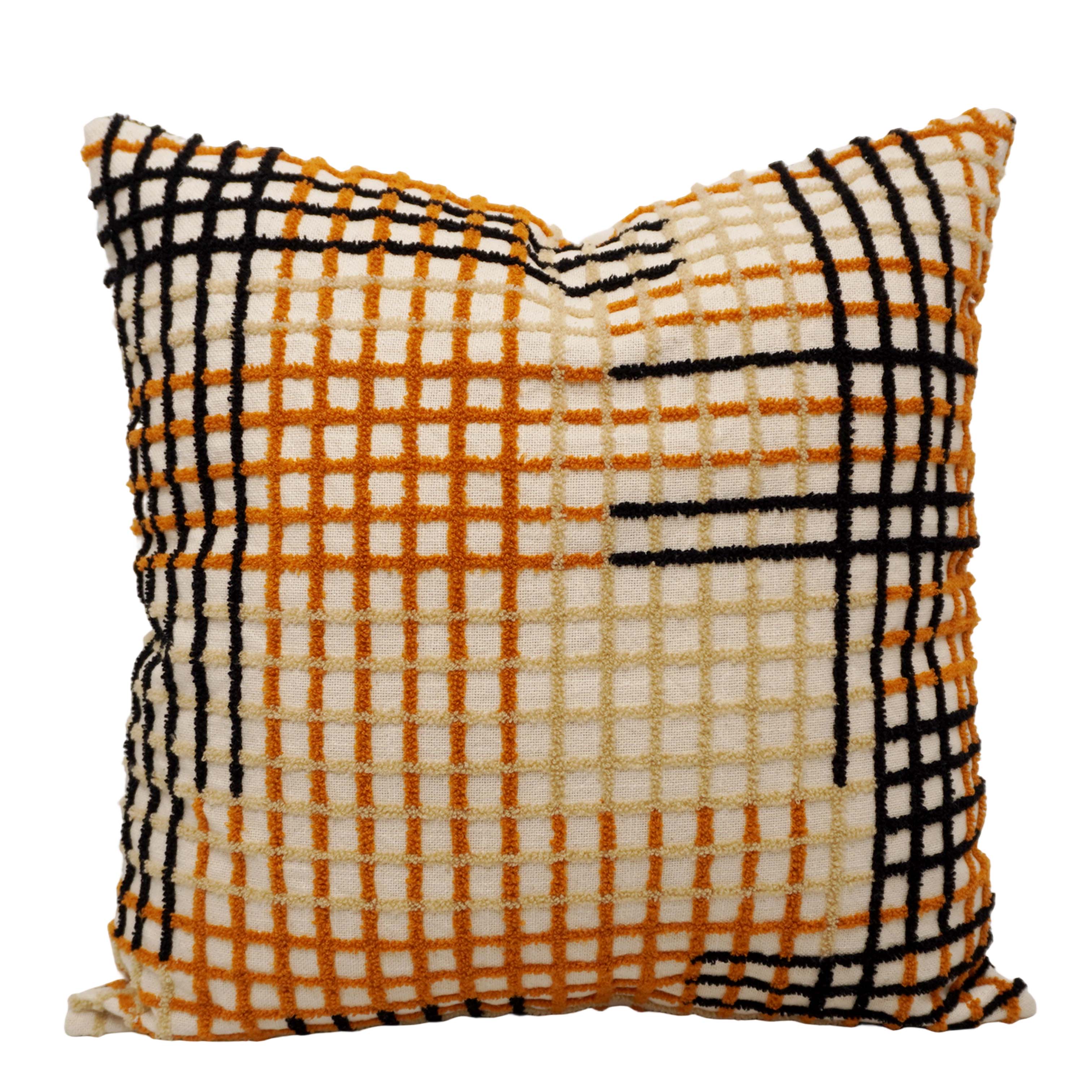 Handwoven Cotton Cushion Cover 45x45 cm | Geometric Grid Embroidered Throw Pillow Cover | Modern Boho Decorative Cushion Cover with Concealed Zip | Ivory, Mustard & Black