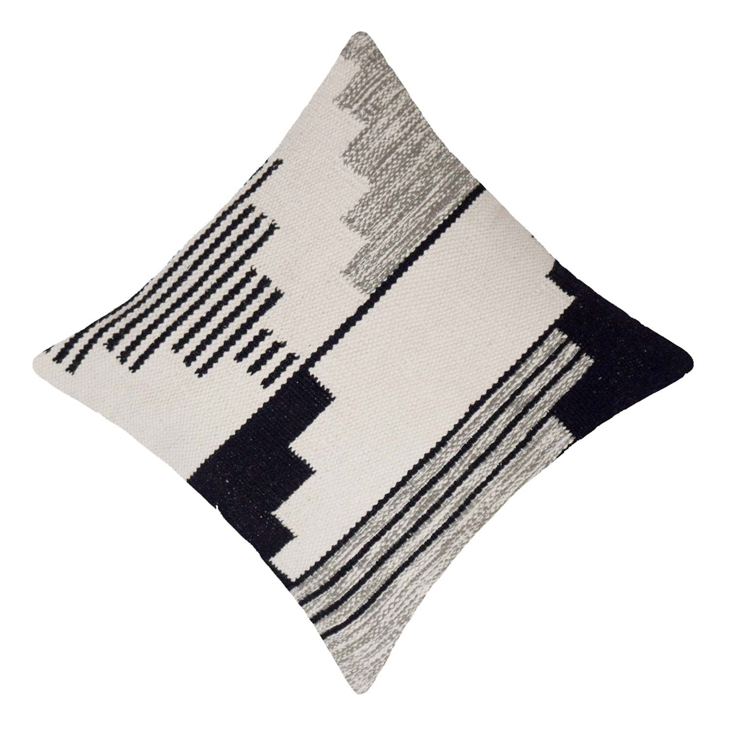 Handwoven Cotton Cushion Cover 45x45 cm | Modern Geometric Woven Cushion Cover | Black & Ivory Decorative Throw Pillow Cover | Hidden Zip | Sofa & Bed Décor