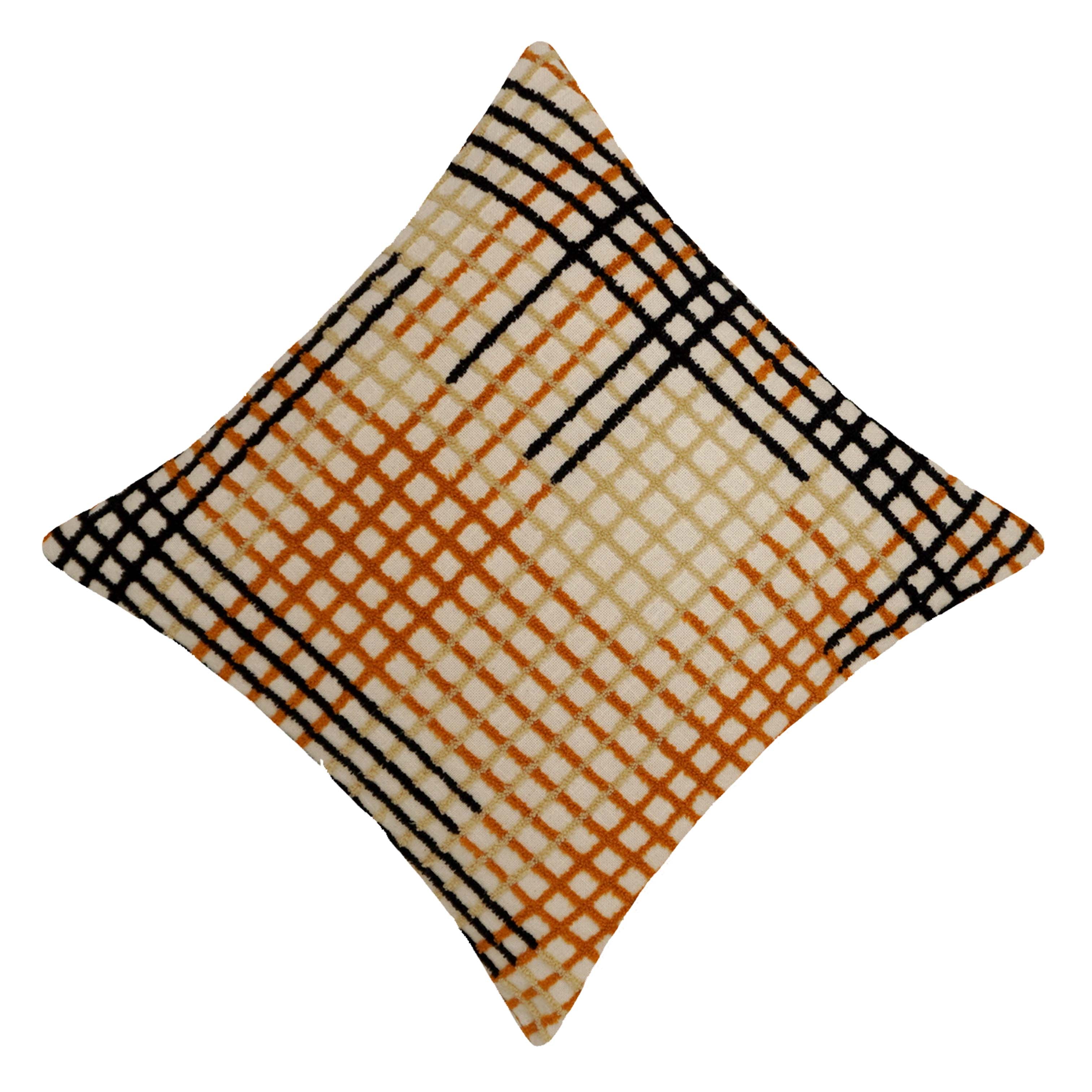 Handwoven Cotton Cushion Cover 45x45 cm | Geometric Grid Embroidered Throw Pillow Cover | Modern Boho Decorative Cushion Cover with Concealed Zip | Ivory, Mustard & Black