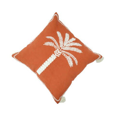 Terracotta Palm Tree Embroidered Cotton Cushion Cover with Tassels – 45x45 cm