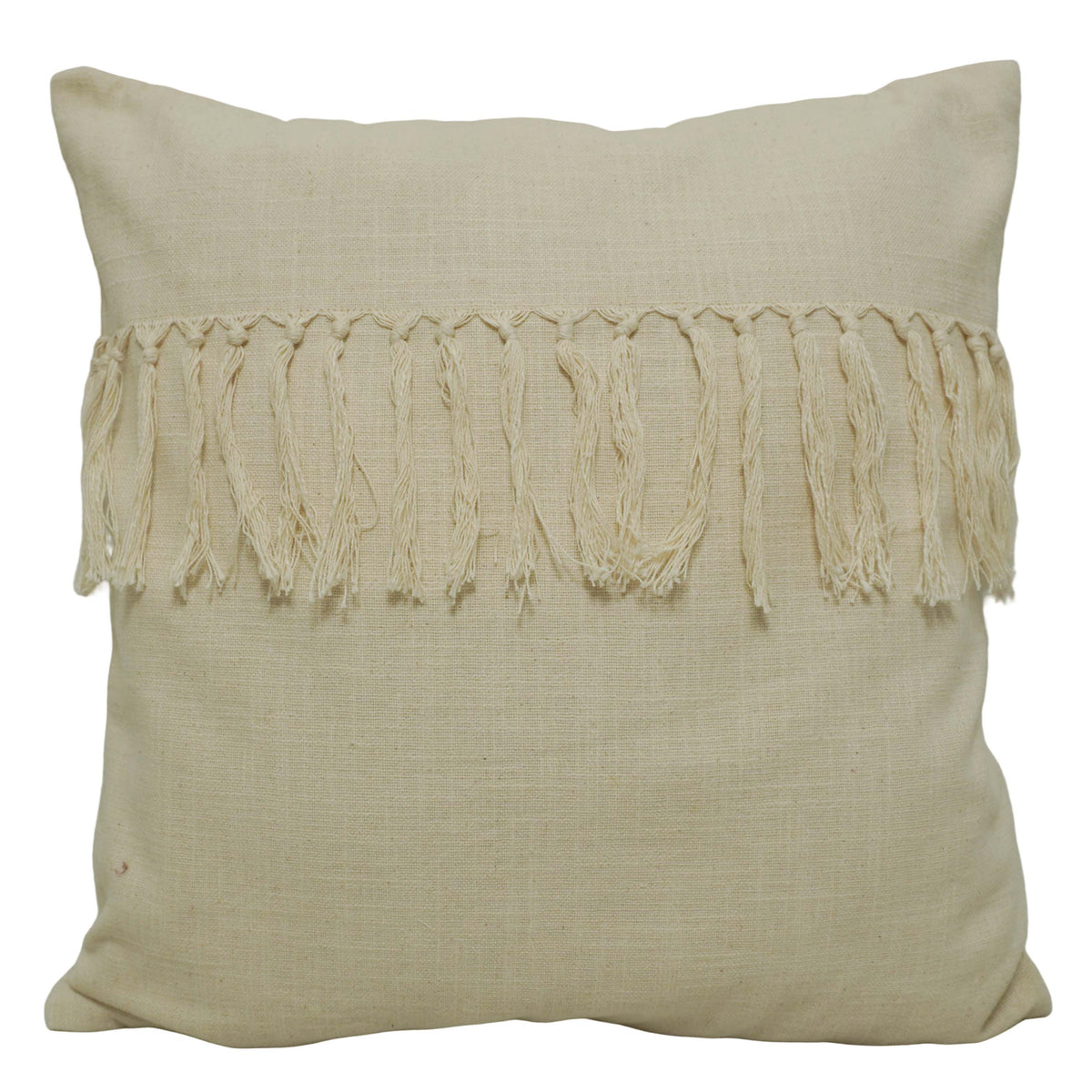 Handwoven Cotton Cushion Cover 45x45 cm | Boho Fringe Tassel Throw Pillow Cover | Natural Ivory Decorative Cushion Cover | Hidden Zip | Sofa & Bed Accent