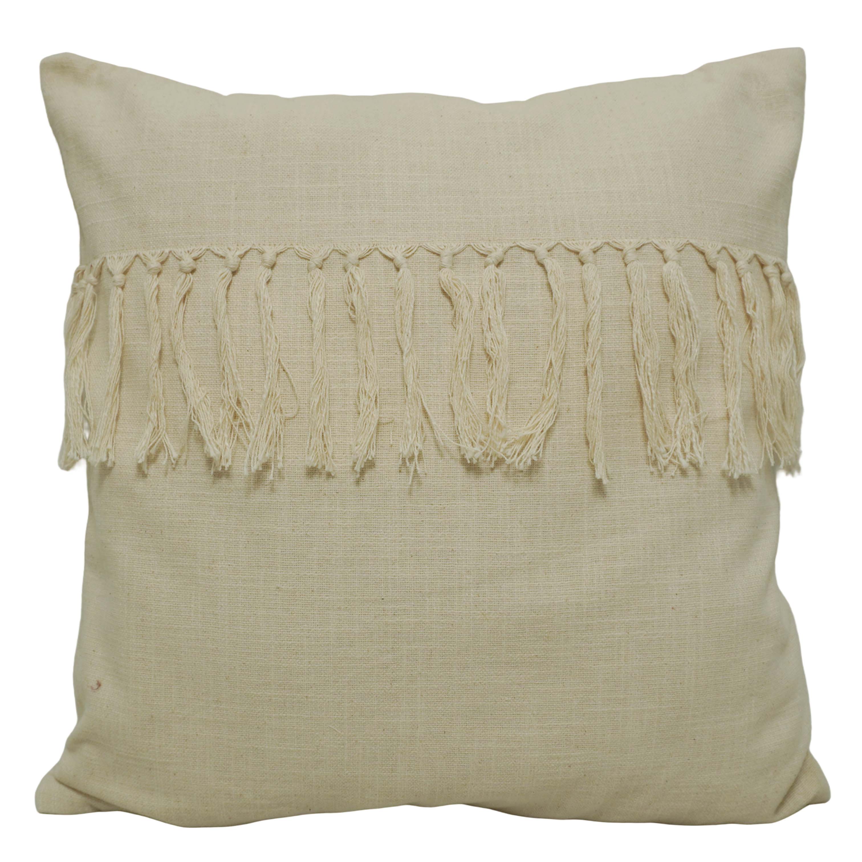 Handwoven Cotton Cushion Cover 45x45 cm | Boho Fringe Tassel Throw Pillow Cover | Natural Ivory Decorative Cushion Cover | Hidden Zip | Sofa & Bed Accent