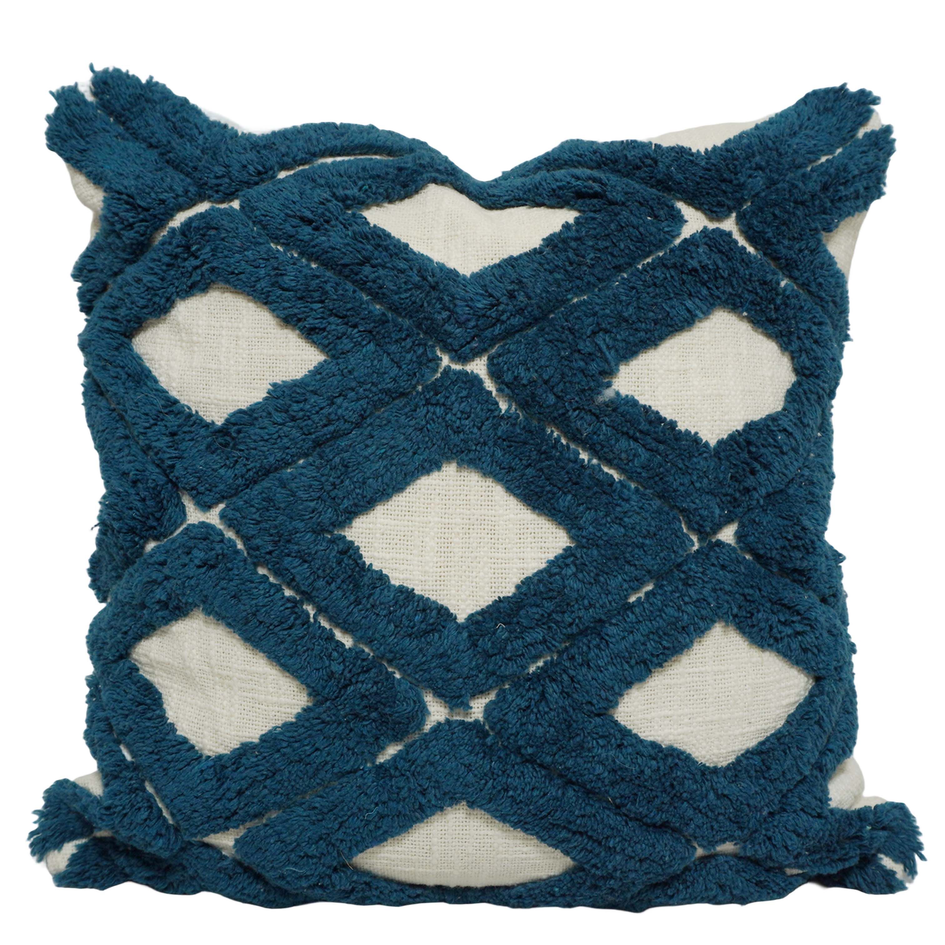 Handmade Tufted Cotton Cushion Cover 45x45 cm | Geometric Diamond Pattern | Textured Decorative Throw Pillow Cover | Hidden Zipper | Navy Blue & Natural