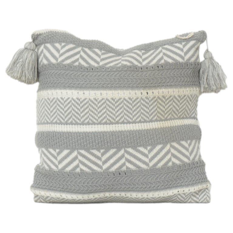 Handwoven Knitted Cushion Cover 45x45 cm | Textured Cotton Boho Cushion with Tassels | Soft Decorative Throw Pillow Cover
