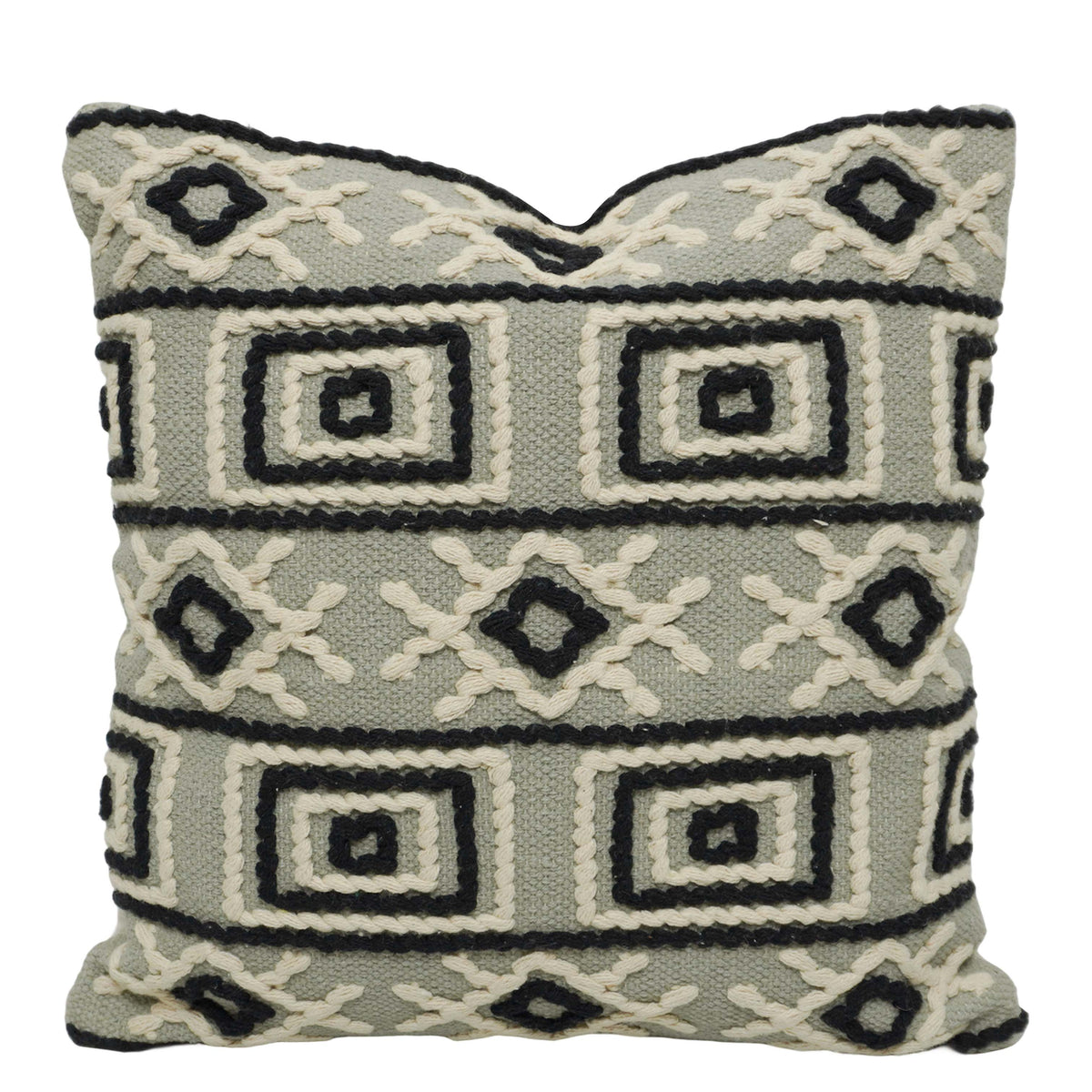 Handwoven Cotton Cushion Cover 45x45 cm | Geometric Tufted Embroidered Throw Pillow Cover | Modern Boho Decorative Cushion Cover | Hidden Zipper | Sage Green & Black