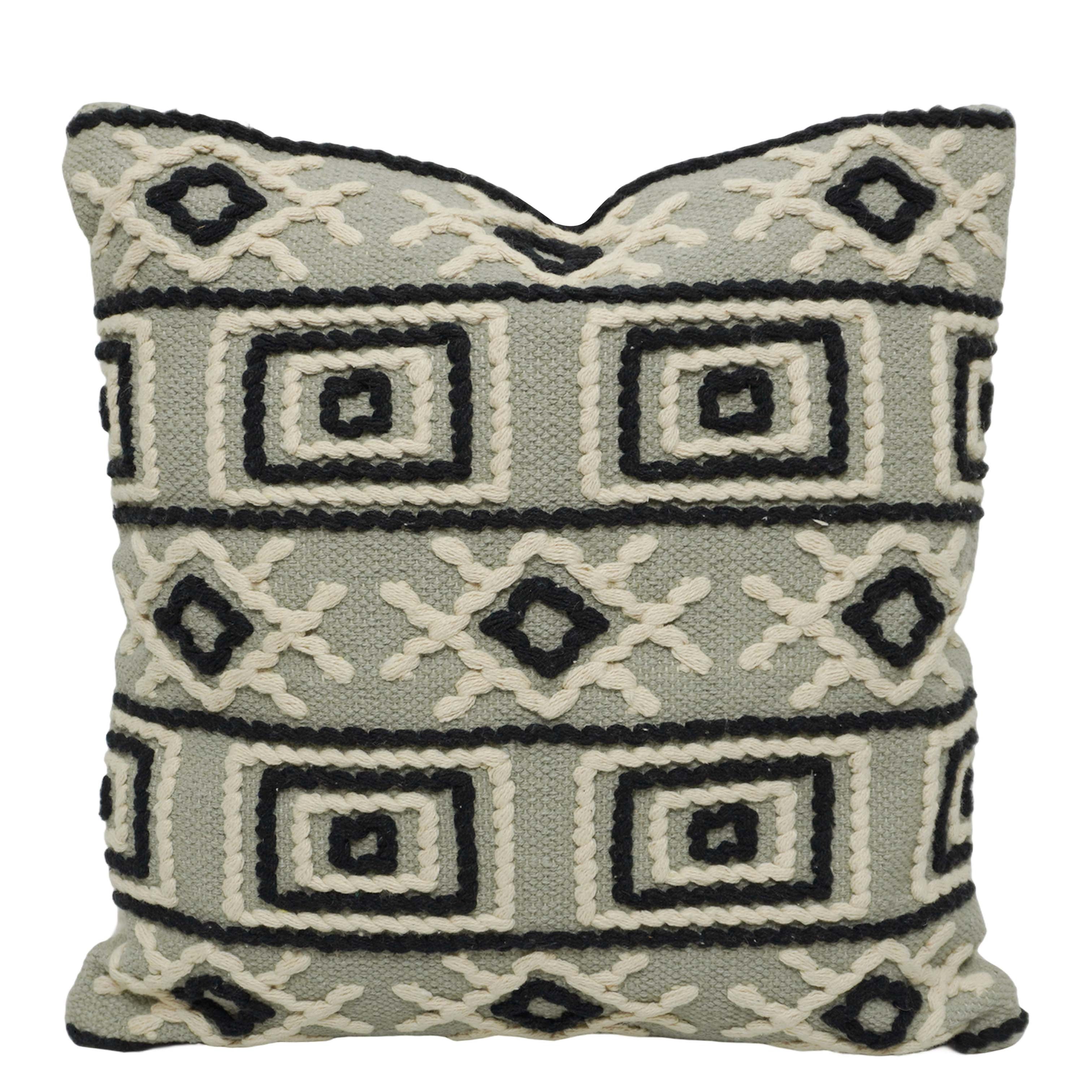 Handwoven Cotton Cushion Cover 45x45 cm | Geometric Tufted Embroidered Throw Pillow Cover | Modern Boho Decorative Cushion Cover | Hidden Zipper | Sage Green & Black