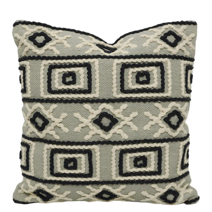 Handwoven Cotton Cushion Cover 45x45 cm | Geometric Tufted Embroidered Throw Pillow Cover | Modern Boho Decorative Cushion Cover | Hidden Zipper | Sage Green & Black