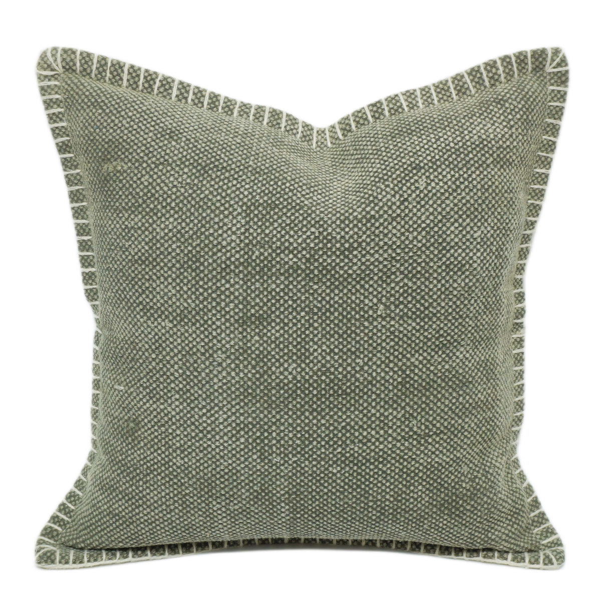 Handmade Textured Cushion Cover with Hand Embroidered Corner Border, Sage Green, 45 x 45 cm