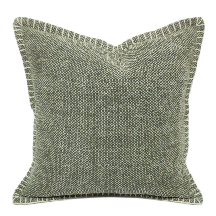 Handmade Textured Cushion Cover with Hand Embroidered Corner Border, Sage Green, 45 x 45 cm