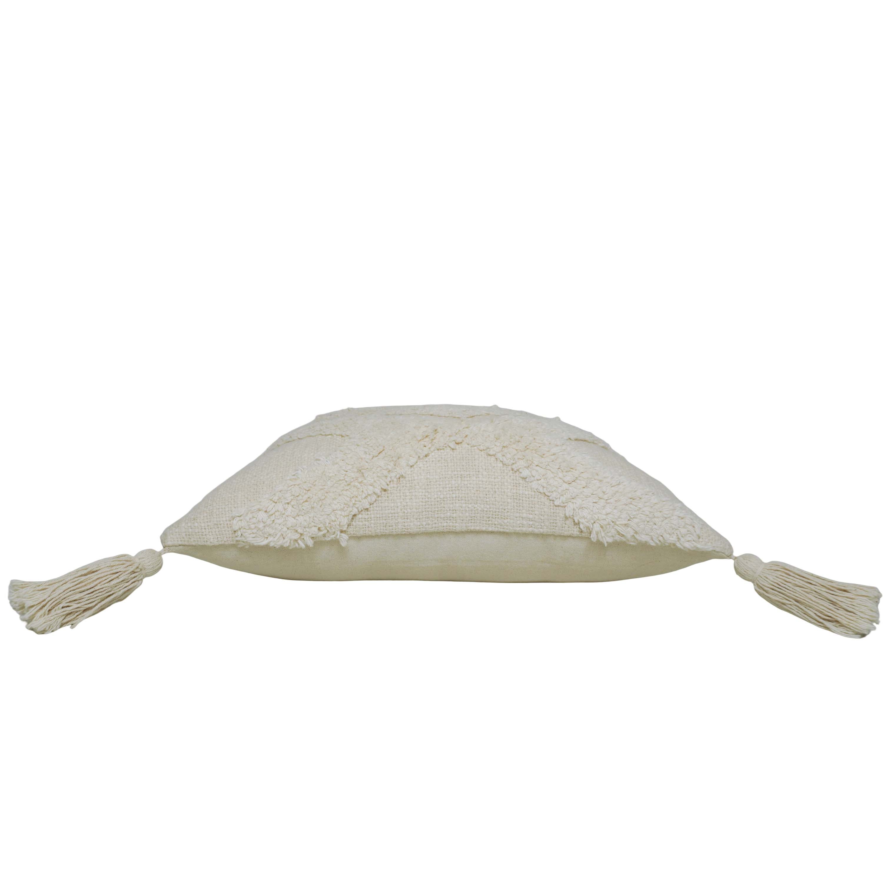 Tufted Cotton Cushion Cover 45x45 cm – Ivory Textured Abstract Pattern with Tassel Corners | Boho Decorative Cushion Cover