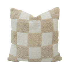Ivory & Beige Checkered Embroidered Cushion Cover | Textured Cotton Pillow Cover 45x45 cm