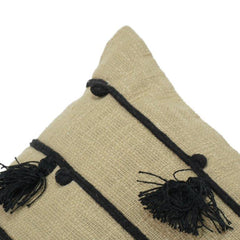Handwoven Cotton Cushion Cover with Black Tassel Stripes | Textured Boho Lumbar Pillow Cover | 35 x 50 cm