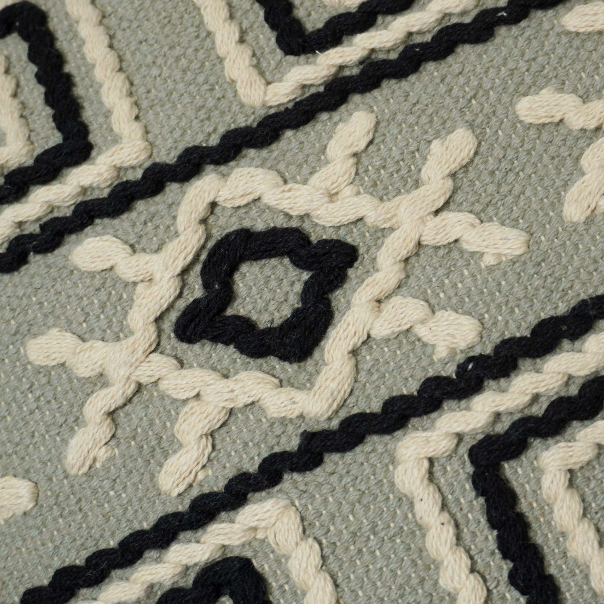Handwoven Cotton Cushion Cover 45x45 cm | Geometric Tufted Embroidered Throw Pillow Cover | Modern Boho Decorative Cushion Cover | Hidden Zipper | Sage Green & Black
