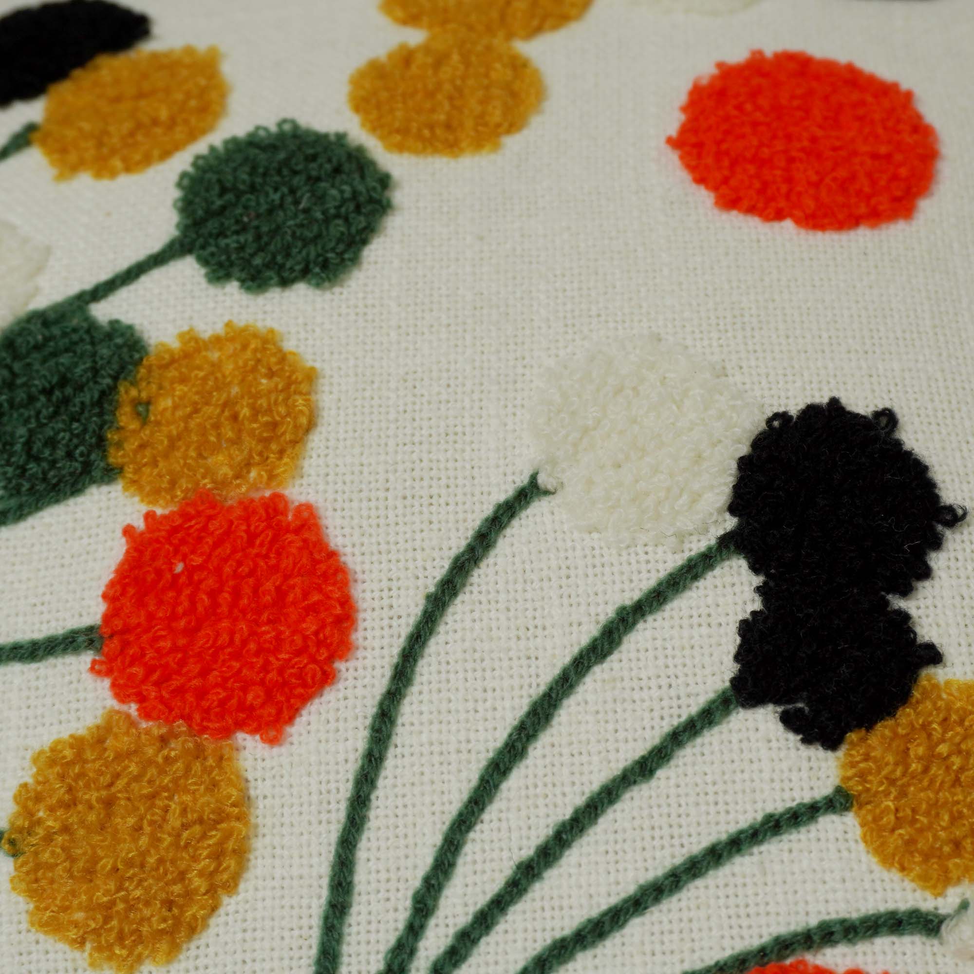 Machine Embroidered Cotton Cushion Cover 45x45 cm | Colorful Floral Pom-Pom Design | Decorative Throw Pillow Cover with Hidden Zipper