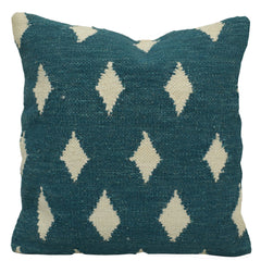 Handwoven Cotton Cushion Cover 45x45 cm | Blue & Ivory Diamond Pattern | Boho Decorative Throw Pillow Cover | Handmade Woven Cushion Cover with Hidden Zipper