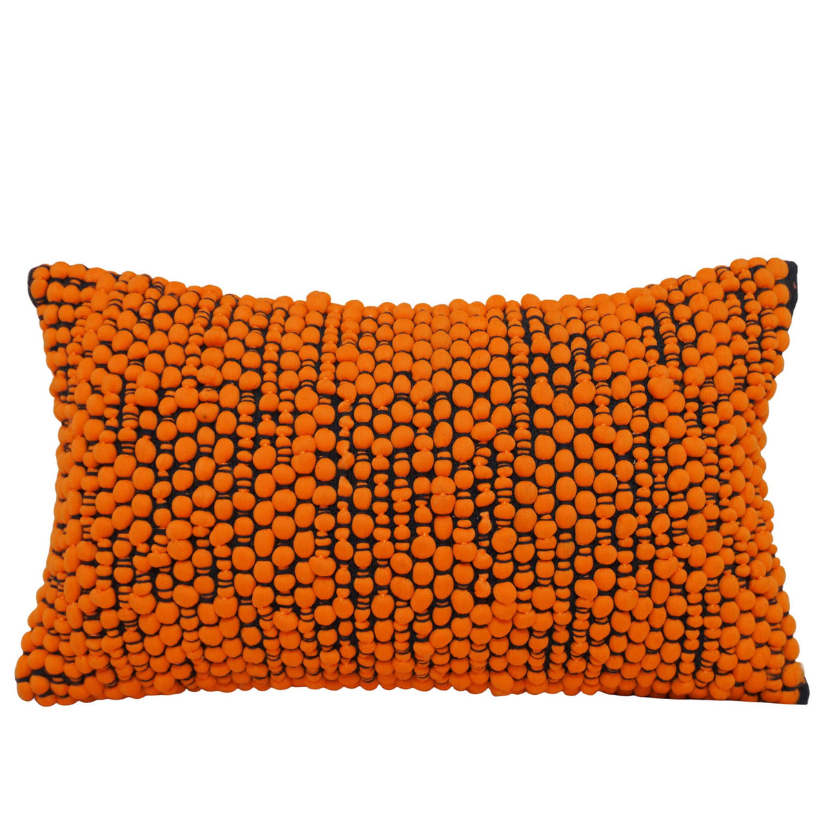 Orange Pom-Pom Handwoven Cotton-Polyester Lumbar Cushion Cover 35x50 cm