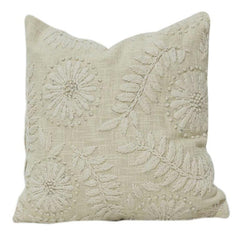 Ivory Floral Embroidered Cotton Cushion Cover | Textured Neutral Throw Pillow Cover | 18x18 Inch Decorative Cushion