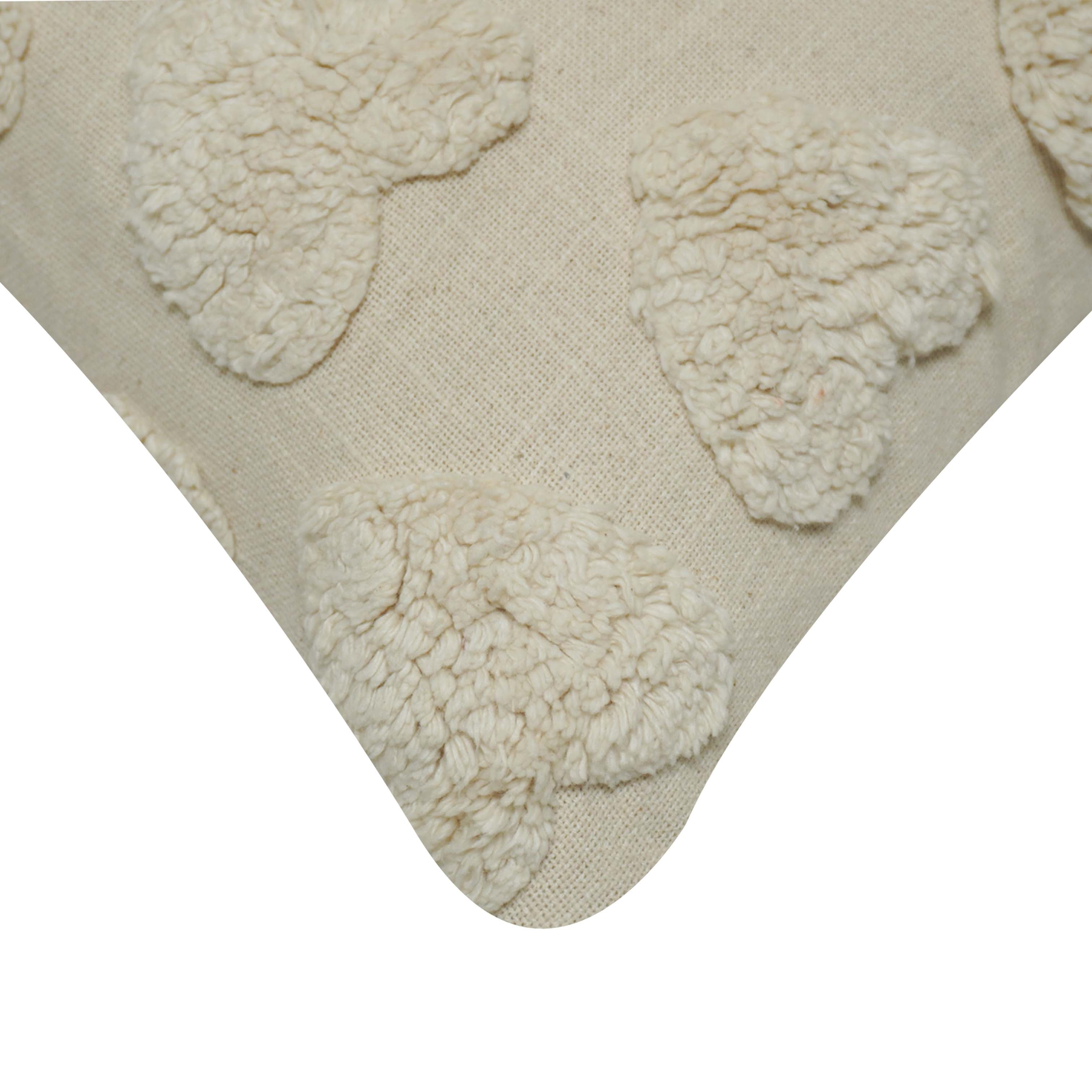 Hand Tufted Heart Cotton Cushion Cover 45x45 cm | Ivory Textured Decorative Throw Pillow Cover | Soft Boho Farmhouse Home Décor | Hidden Zipper