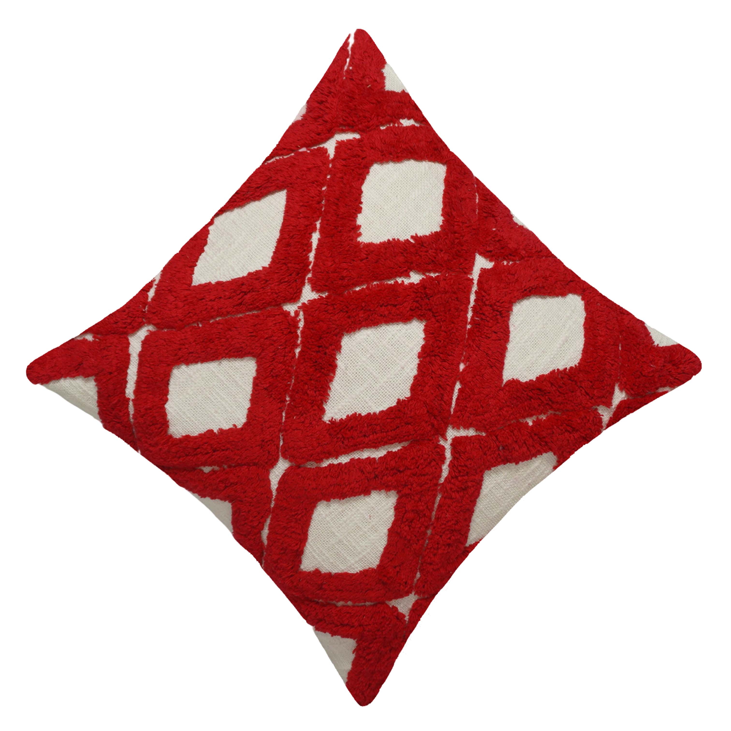 Handcrafted Red Tufted Cotton Cushion Cover 45x45 cm | Geometric Diamond Pattern | Decorative Throw Pillow Cover with Hidden Zip