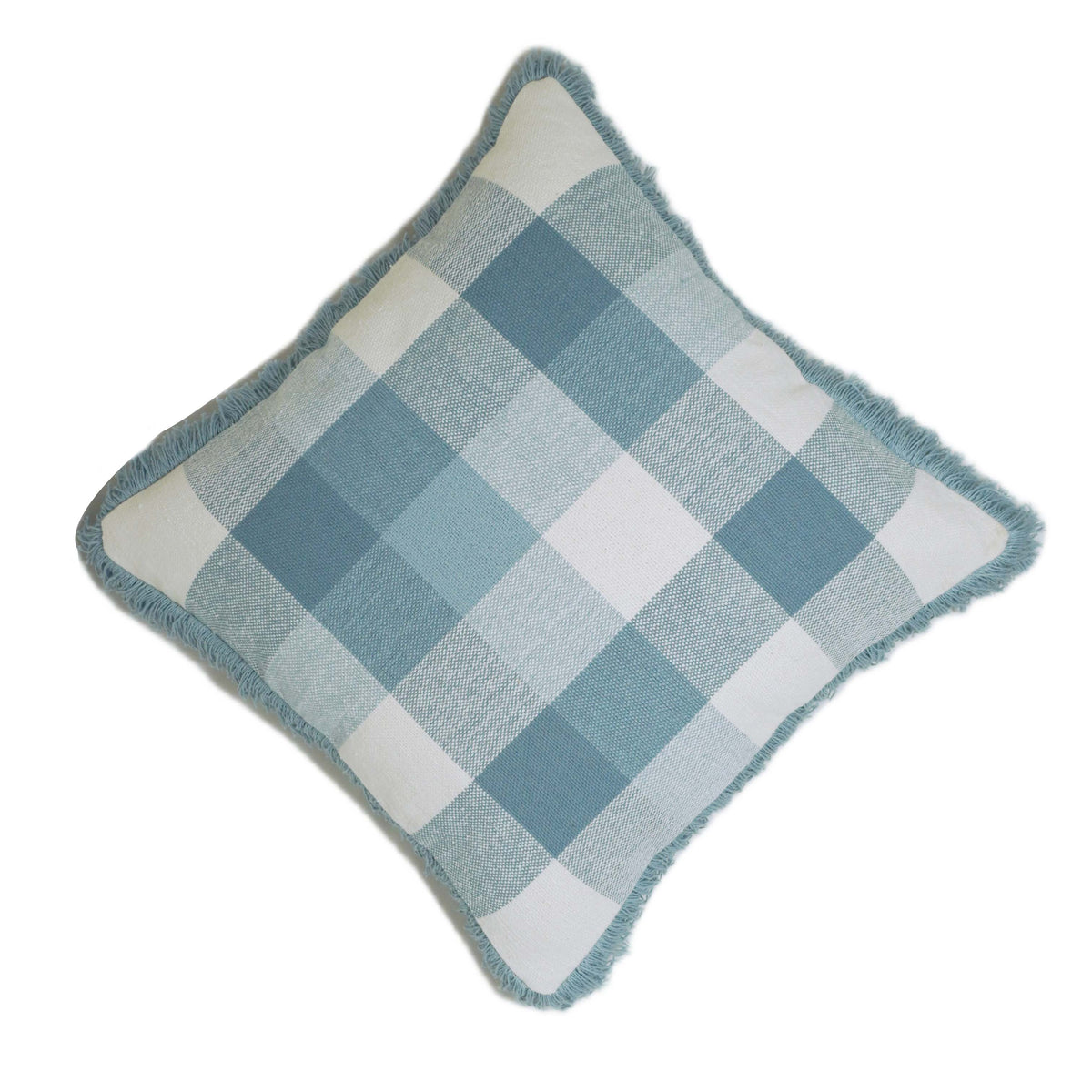 Handwoven Cotton Cushion Cover – Blue & Ivory Checkered Pattern with Fringe, 45 x 45 cm