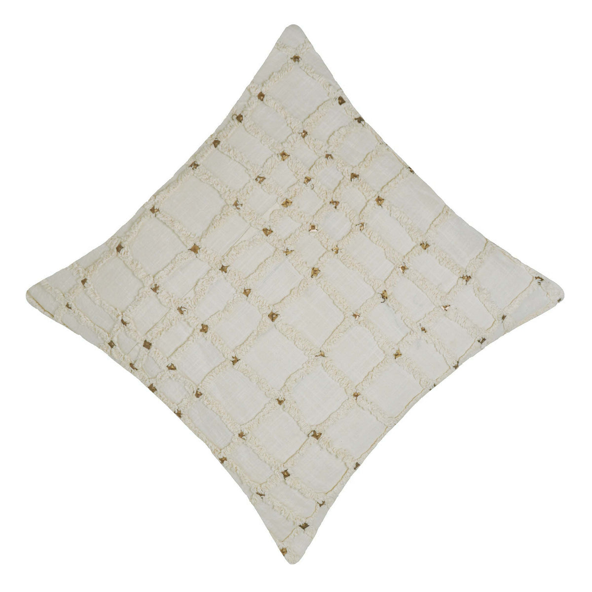 Ivory white grid textured tufted cotton cushion cover with metallic accents 45x45 cm