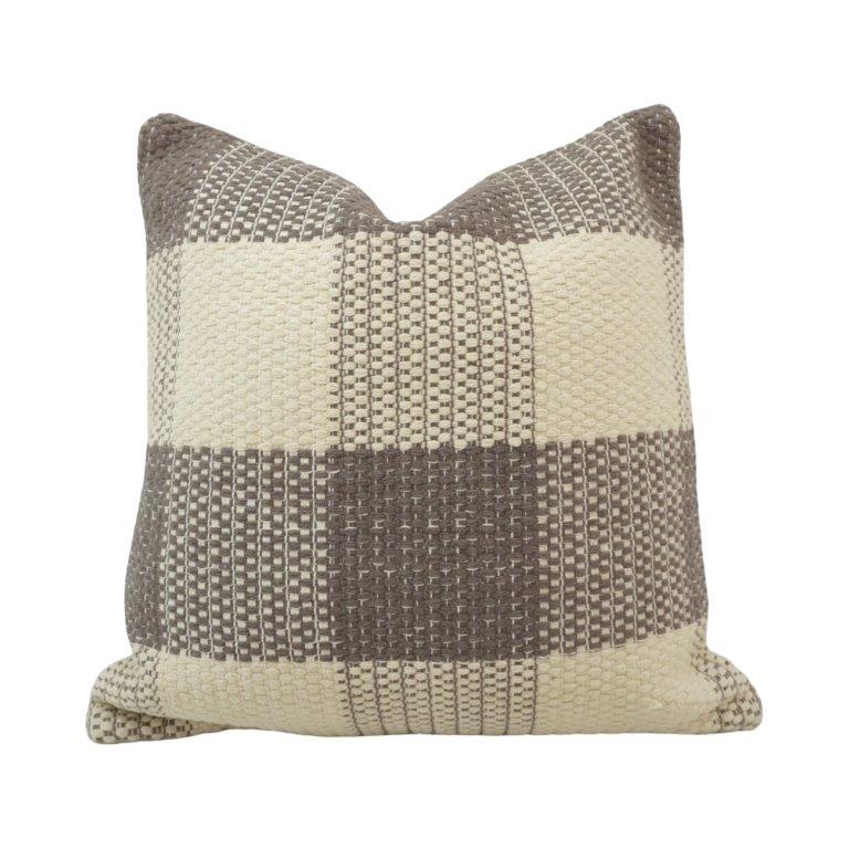 Handwoven Cotton Checkered Cushion Cover 45x45 cm | Artisan Woven Decorative Throw Pillow Cover in Natural & Taupe - Bulk manufacturer & supplier from Panipat, India