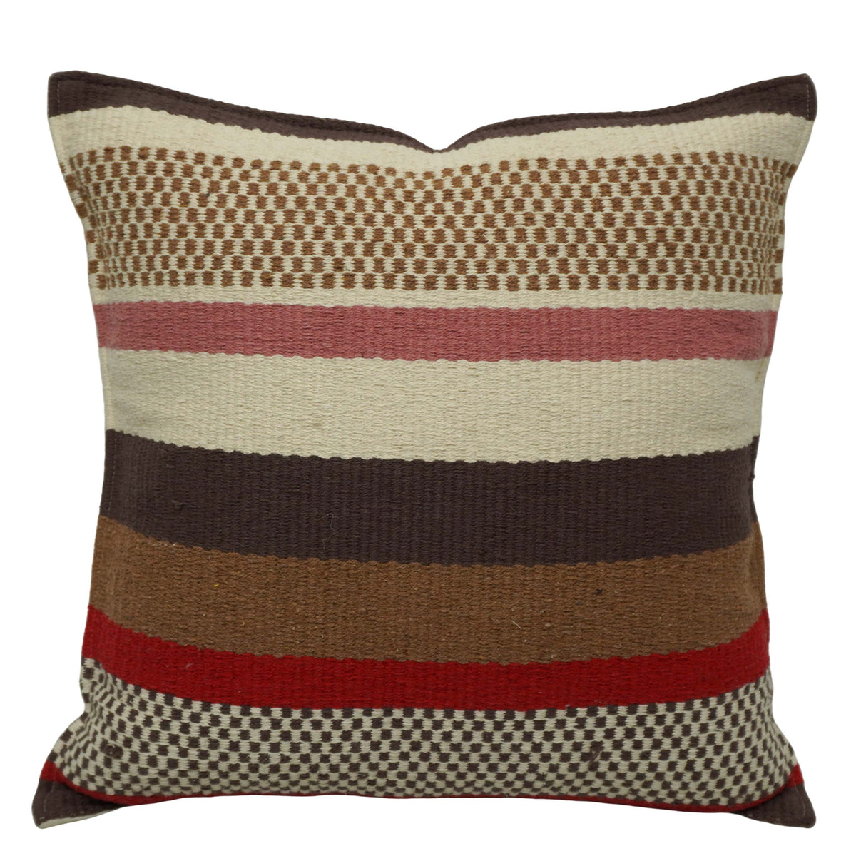 Handwoven Striped Cotton Cushion Cover 45x45 cm | Rustic Boho Woven Decorative Throw Pillow Cover | Brown, Ivory, Red & Pink | Hidden Zipper