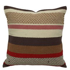 Handwoven Striped Cotton Cushion Cover 45x45 cm | Rustic Boho Woven Decorative Throw Pillow Cover | Brown, Ivory, Red & Pink | Hidden Zipper