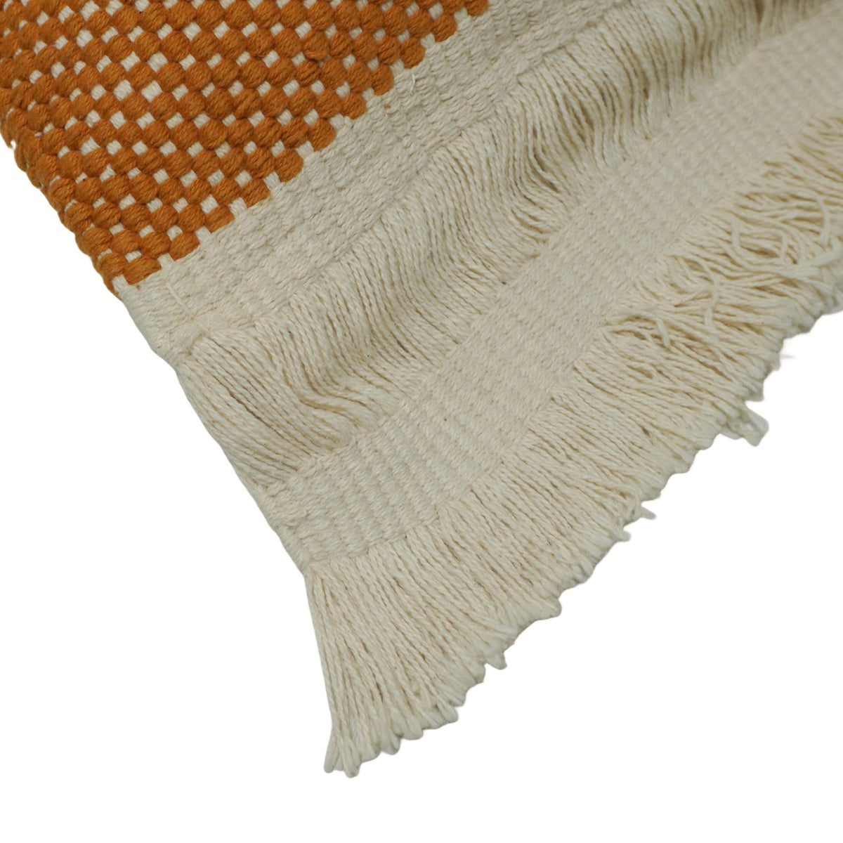 Handwoven Cotton Cushion Cover 35 x 50 cm – Rust Orange & Ivory Textured Lumbar Cushion with Fringe