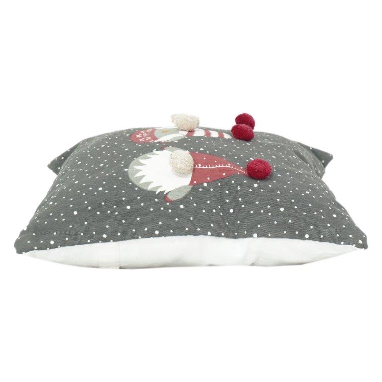 Festive Gnome Pom-Pom Cotton Cushion Cover – Grey Polka Dot Decorative Pillow | 45x45 cm - Bulk manufacturer & supplier from Panipat, India