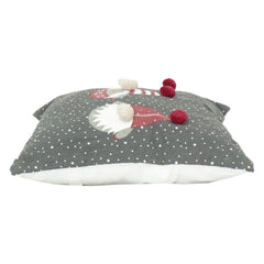 Festive Gnome Pom-Pom Cotton Cushion Cover – Grey Polka Dot Decorative Pillow | 45x45 cm