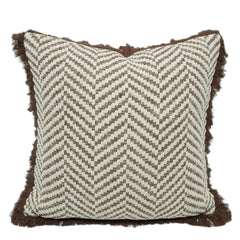 Handmade Cotton Cushion Cover 45x45 cm – Ivory & Brown Geometric Zigzag Pattern with Brown Fringe