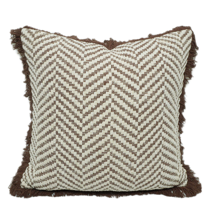 Handmade Cotton Cushion Cover 45x45 cm – Ivory & Brown Geometric Zigzag Pattern with Brown Fringe