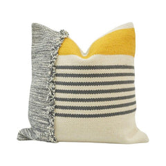 Handwoven Striped Cotton Cushion Cover with Yellow Accent & Fringe Detail | 45x45 cm