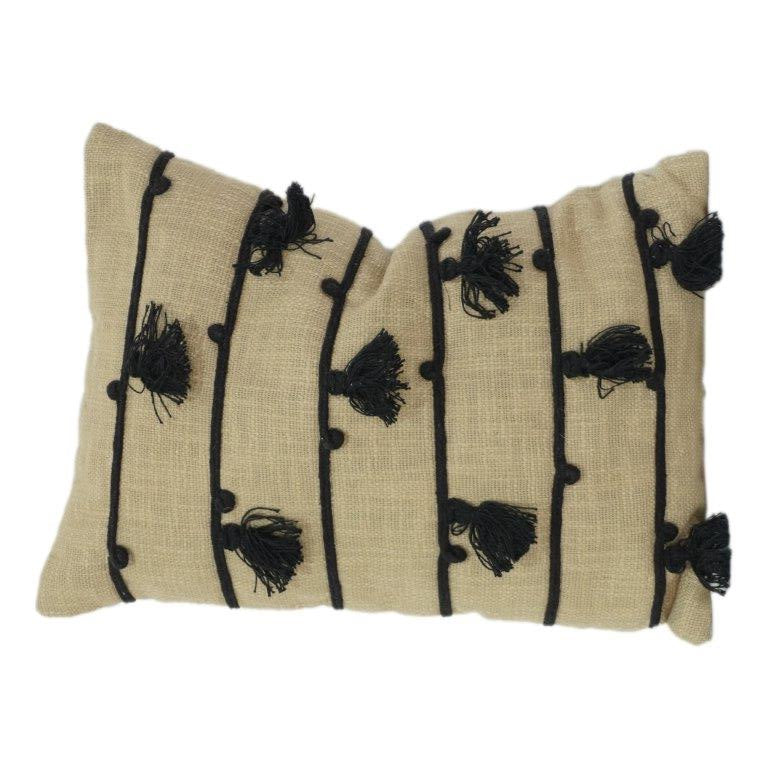 Handwoven Cotton Cushion Cover with Black Tassel Stripes | Textured Boho Lumbar Pillow Cover | 35 x 50 cm - Bulk manufacturer & supplier from Panipat, India