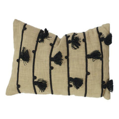 Handwoven Cotton Cushion Cover with Black Tassel Stripes | Textured Boho Lumbar Pillow Cover | 35 x 50 cm