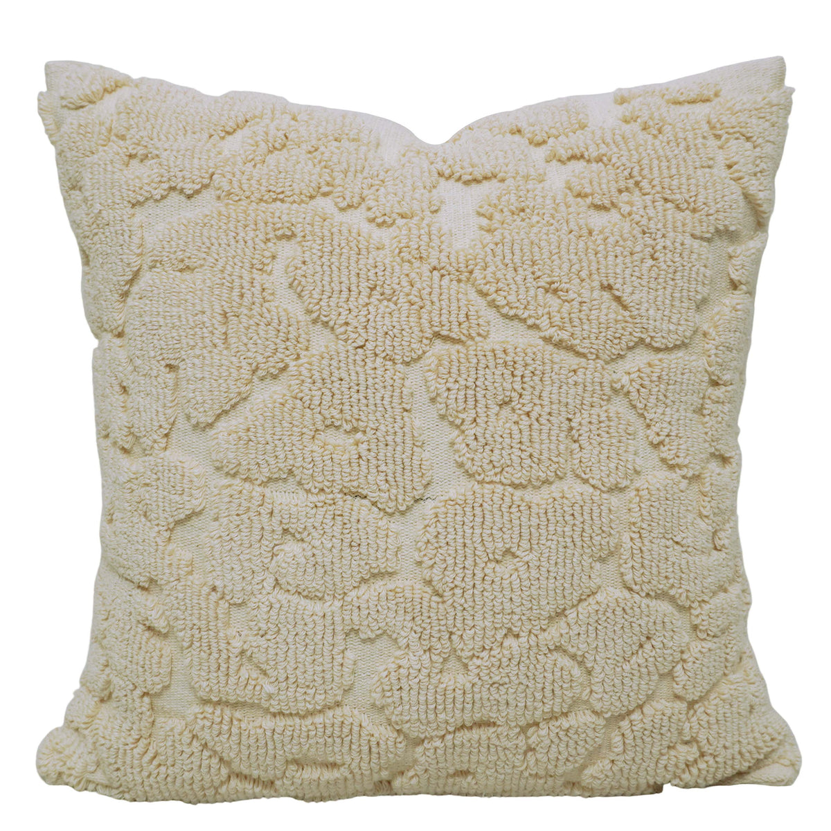 Handmade Tufted Loop Cotton Cushion Cover 45x45 cm | Textured Floral Leaf Design | Decorative Throw Pillow Cover with Hidden Zipper | Ivory | 18x18 Inch