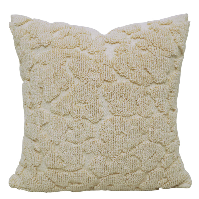 Handmade Tufted Loop Cotton Cushion Cover 45x45 cm | Textured Floral Leaf Design | Decorative Throw Pillow Cover with Hidden Zipper | Ivory | 18x18 Inch