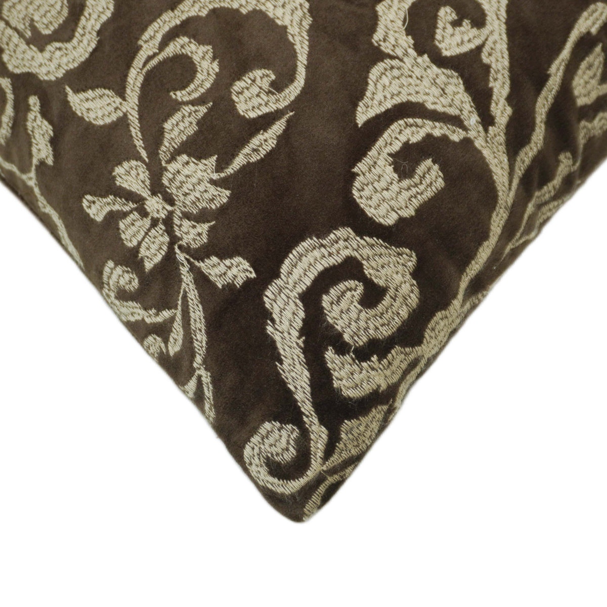 Brown and beige ornamental damask machine embroidered cushion cover 45x45 cm