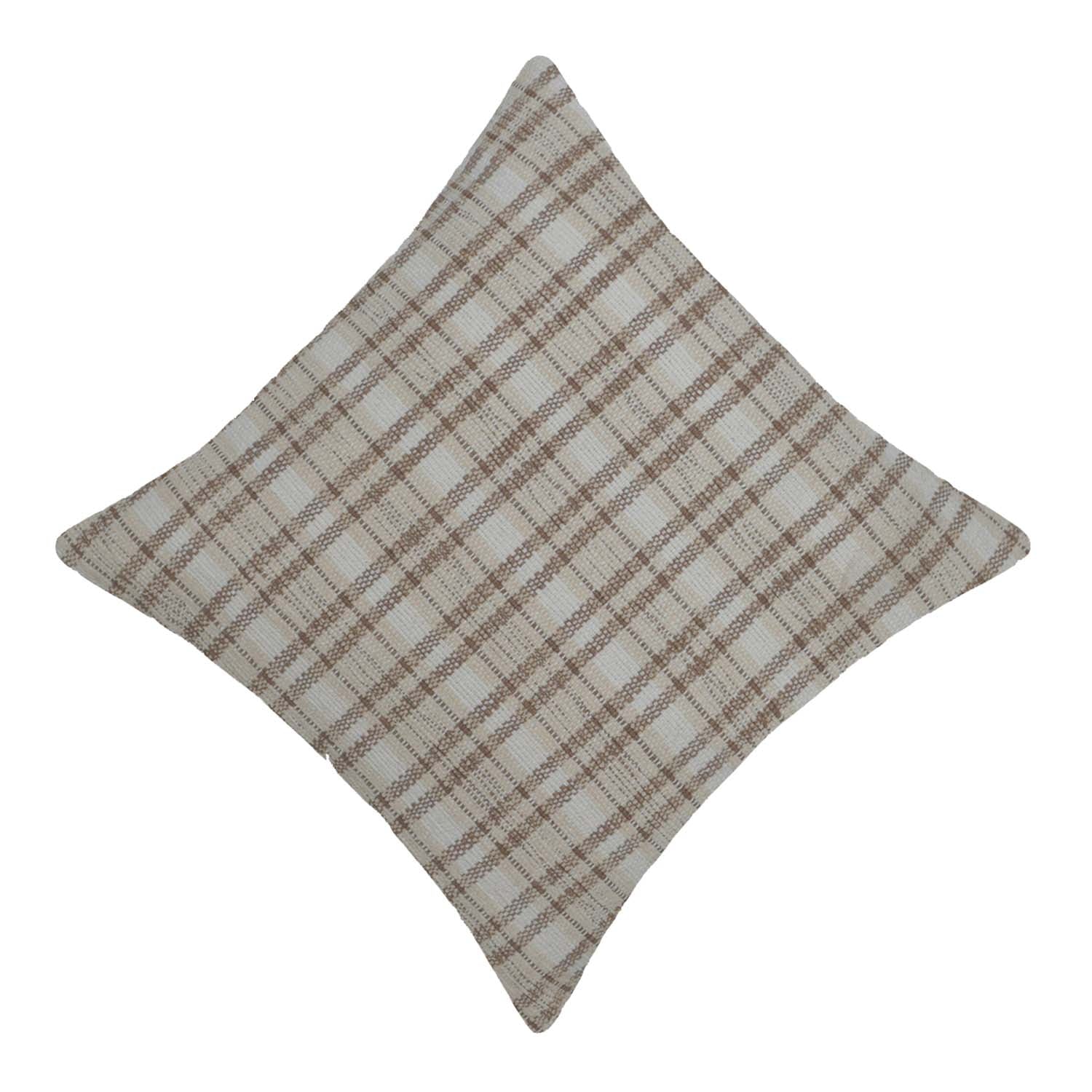 Handwoven Cotton Plaid Cushion Cover 45x45 cm | Beige & Ivory Check Pattern | Woven Decorative Throw Pillow Cover with Concealed Zip