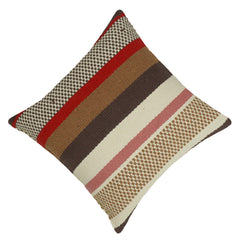 Handwoven Striped Cotton Cushion Cover 45x45 cm | Rustic Boho Woven Decorative Throw Pillow Cover | Brown, Ivory, Red & Pink | Hidden Zipper