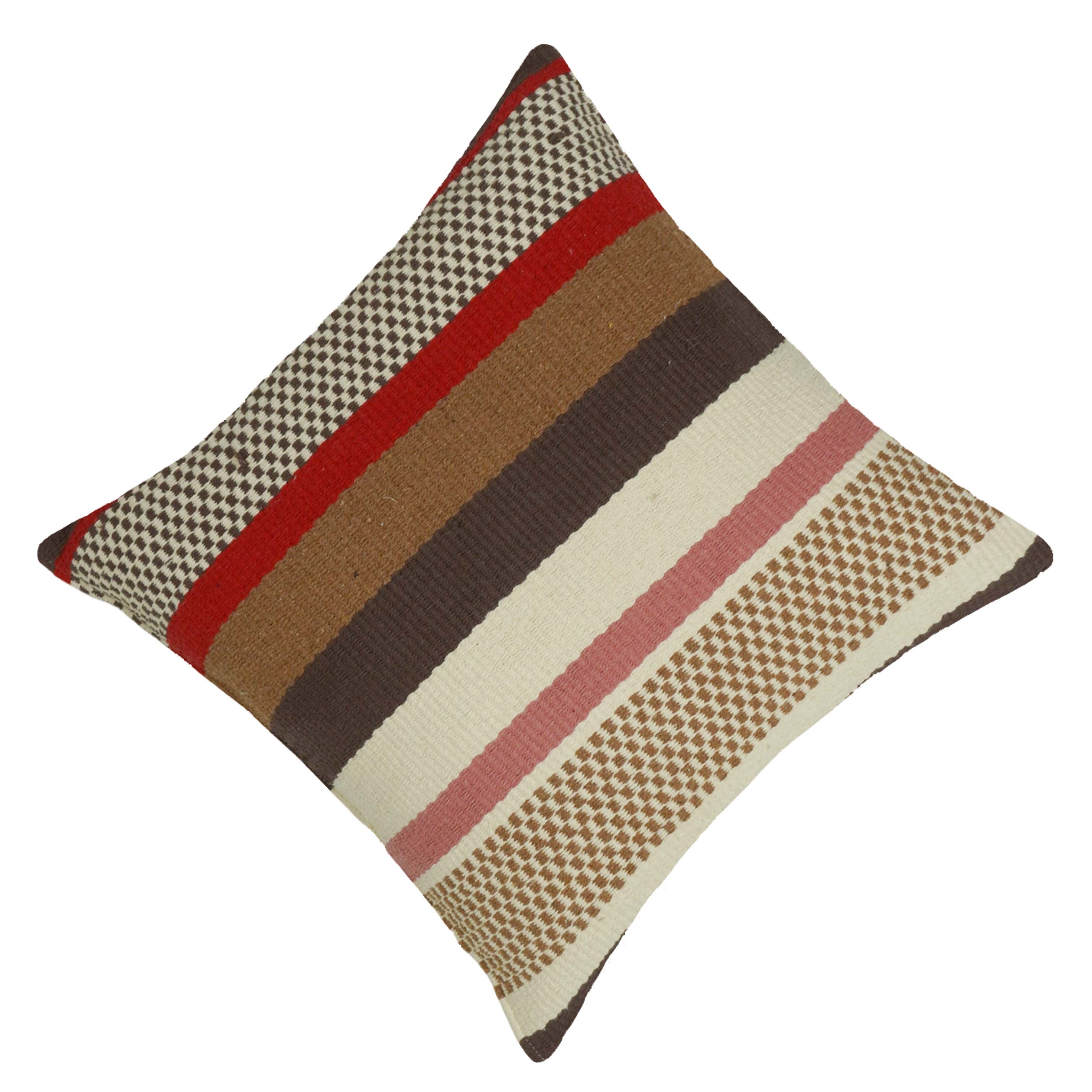 Handwoven Striped Cotton Cushion Cover 45x45 cm | Rustic Boho Woven Decorative Throw Pillow Cover | Brown, Ivory, Red & Pink | Hidden Zipper
